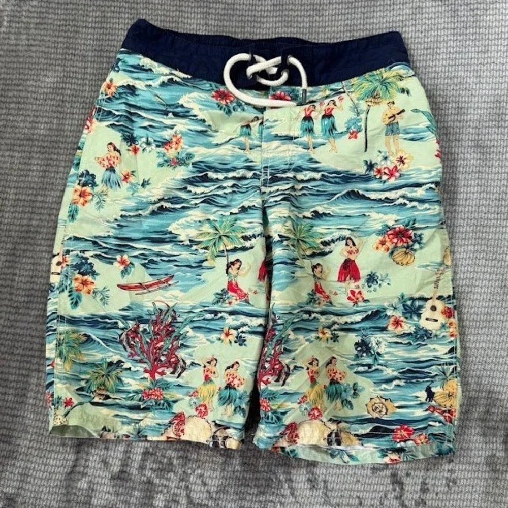 Polo Ralph Lauren Boys Hawaiian Hula Print Swim Trunks Blue Green Size M 24x6